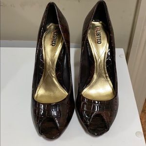 Unlisted Patent Leather Brown Croc Peep Toe Heel